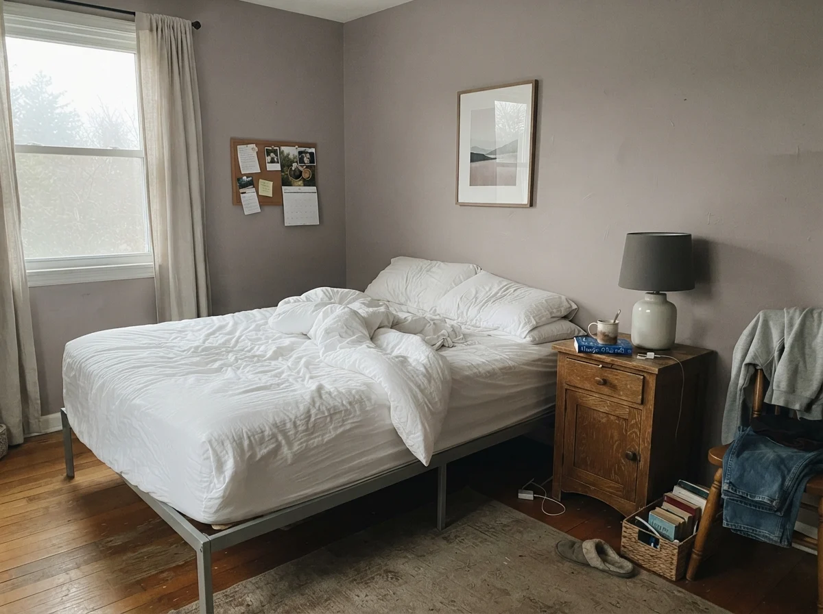 Bedroom with unmade white bedding and painted walls looking pale in morning light