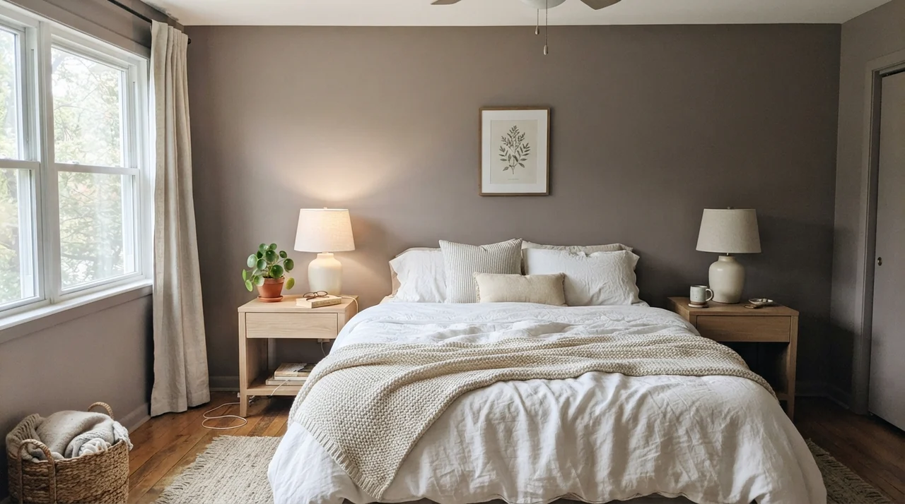 Main bedroom with painted walls, linen bedding, pale oak nightstands, and ceramic lamps