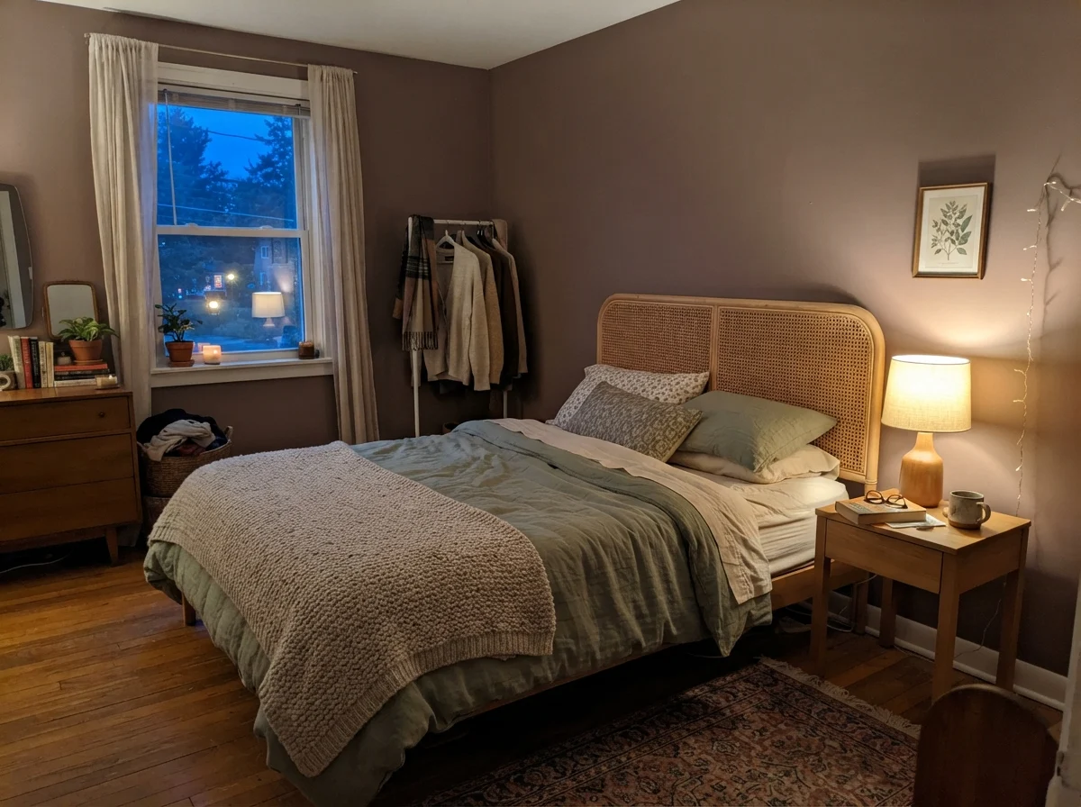 Bedroom at evening with lamp glow reflecting warmth on painted wall