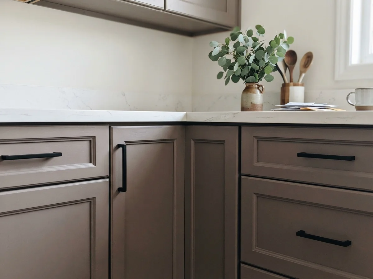 Close-up of painted shaker cabinets with black handles and white quartz