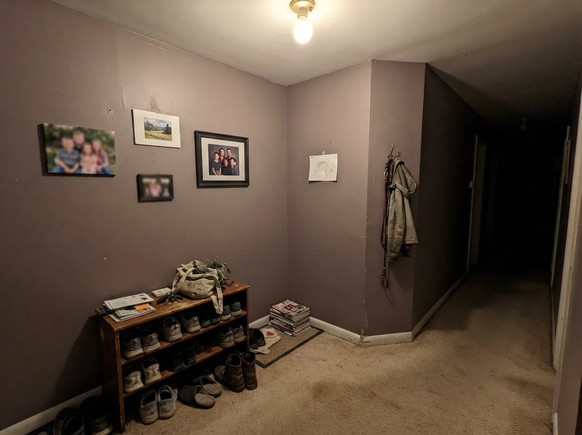 Dim windowless hallway corner showing muddy, drab painted walls under single bulb
