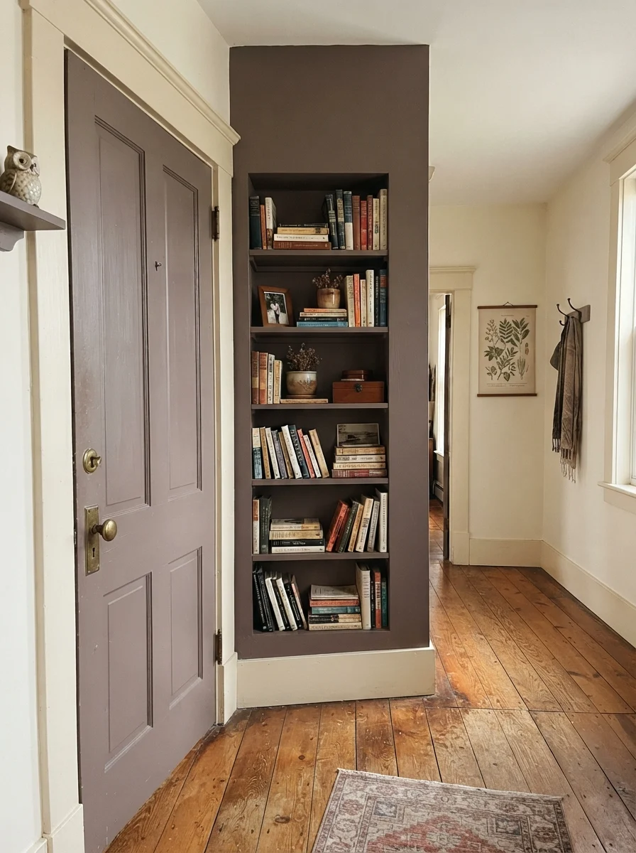 Interior door and built-in bookshelf painted Cinnamon Slate with brass knob against cream walls