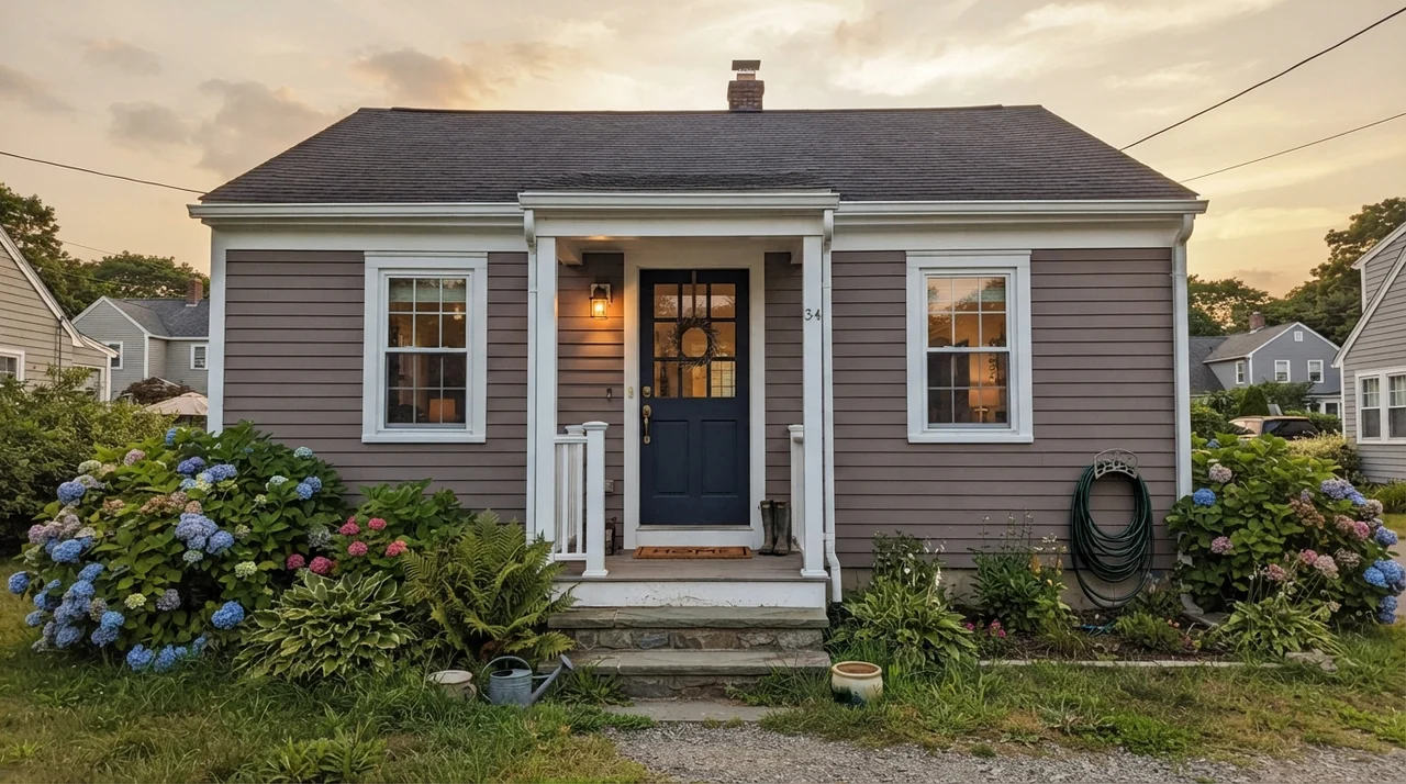 House exterior siding painted Cinnamon Slate with white trim and navy door
