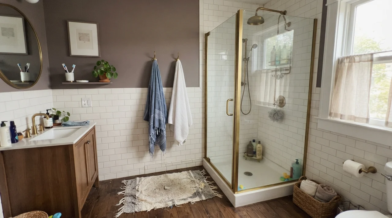 Family bathroom upper walls painted above white subway tile with brass fixtures