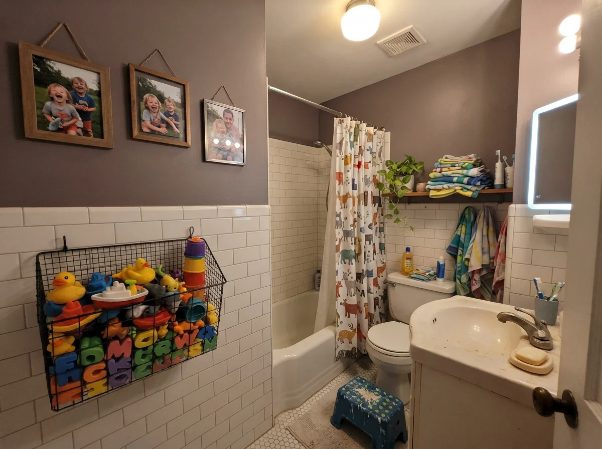 Kids bathroom with painted walls over subway tile and wire basket with bath toys