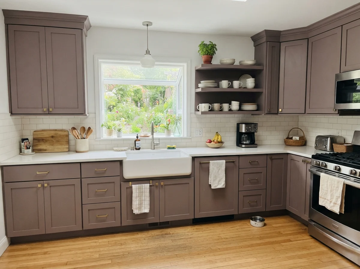 Kitchen shaker cabinets painted Cinnamon Slate with white subway tile and oak floor