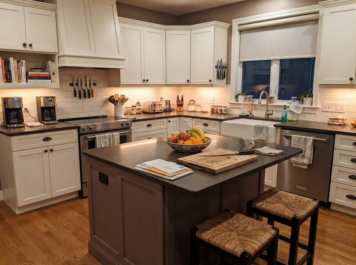 Kitchen island painted in dark dusty plum with surrounding white cabinets