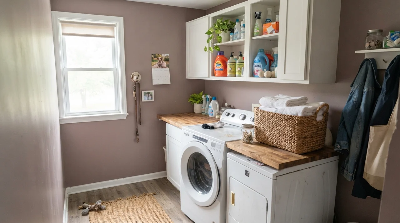 Laundry room with painted walls, butcher-block counter over washer and dryer