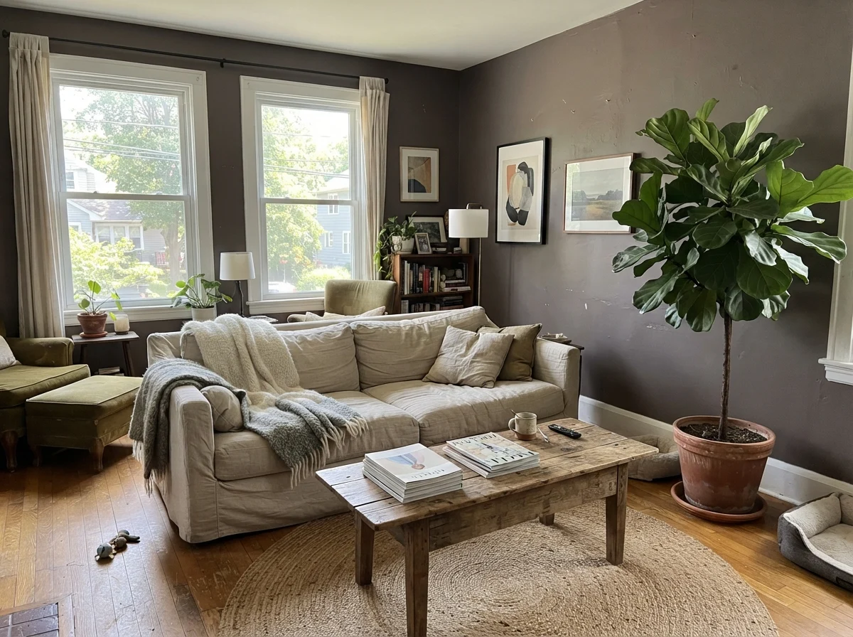 Living room with painted walls, linen sofa, wood table, and jute rug under bright sun