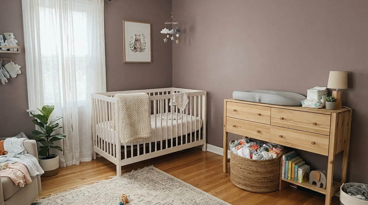 Nursery with painted walls, white crib, knit blanket, and light wood changing dresser