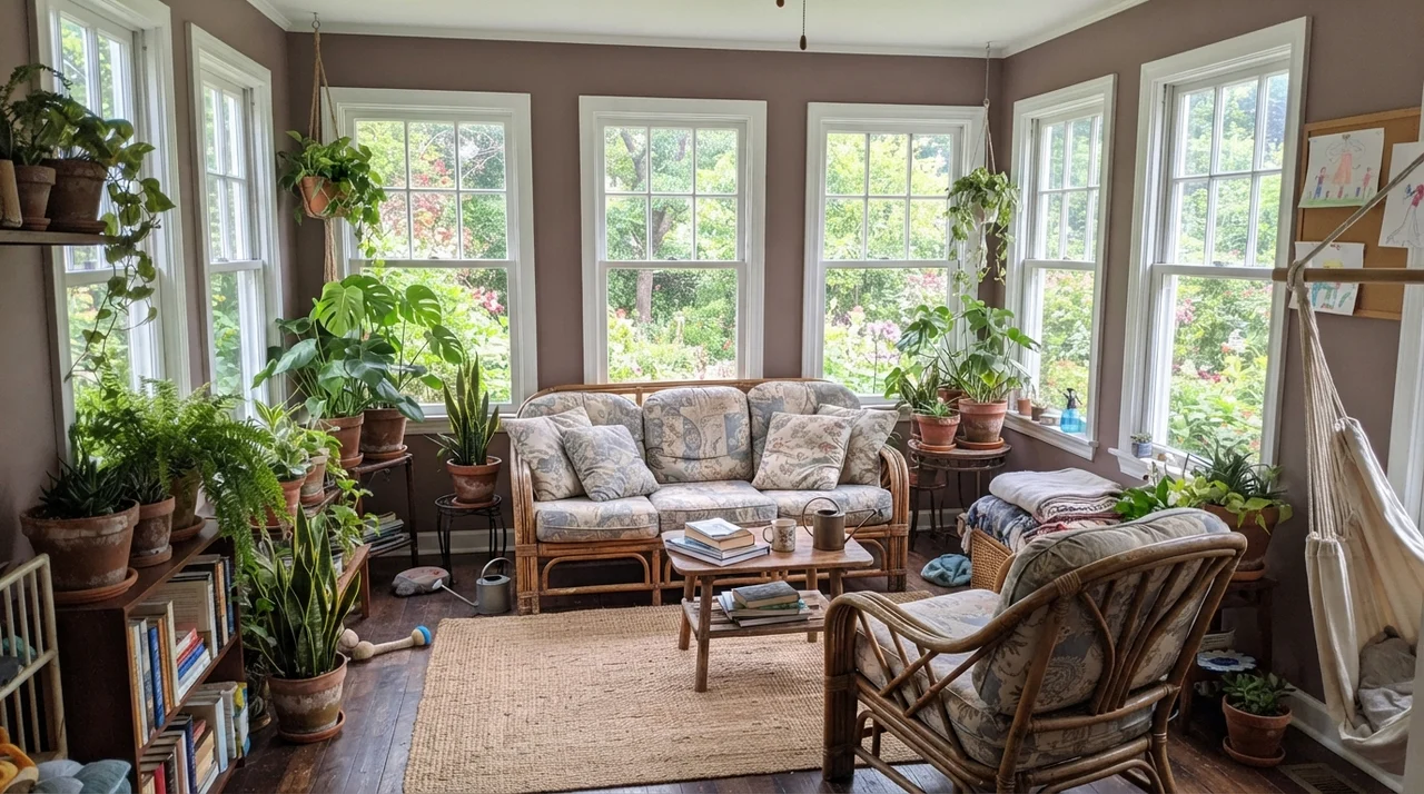 Sunroom with painted walls between windows, rattan furniture, and terracotta pots