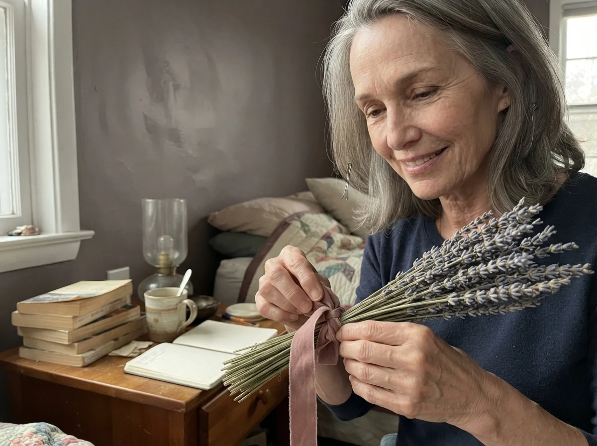 Susan tying ribbon around lavender sprigs against Cinnamon Slate painted bedroom wall