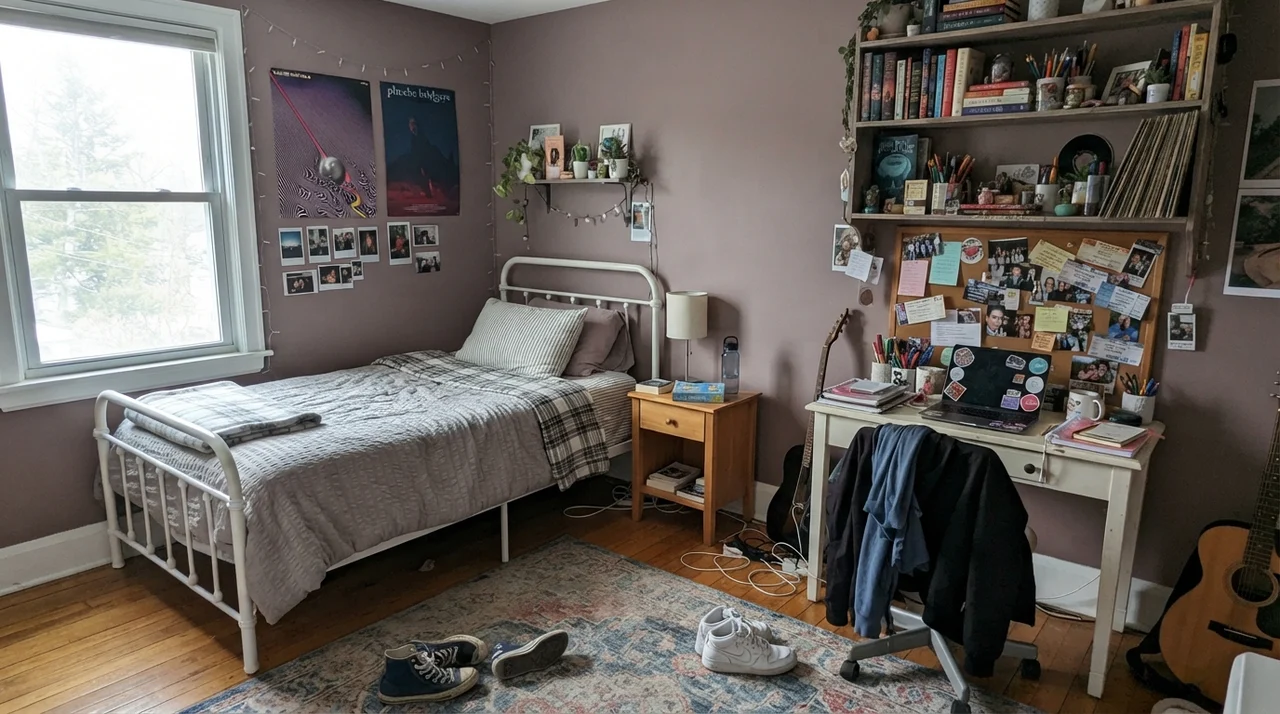 Teenager bedroom with painted walls, white metal bed, small desk, and bookshelves