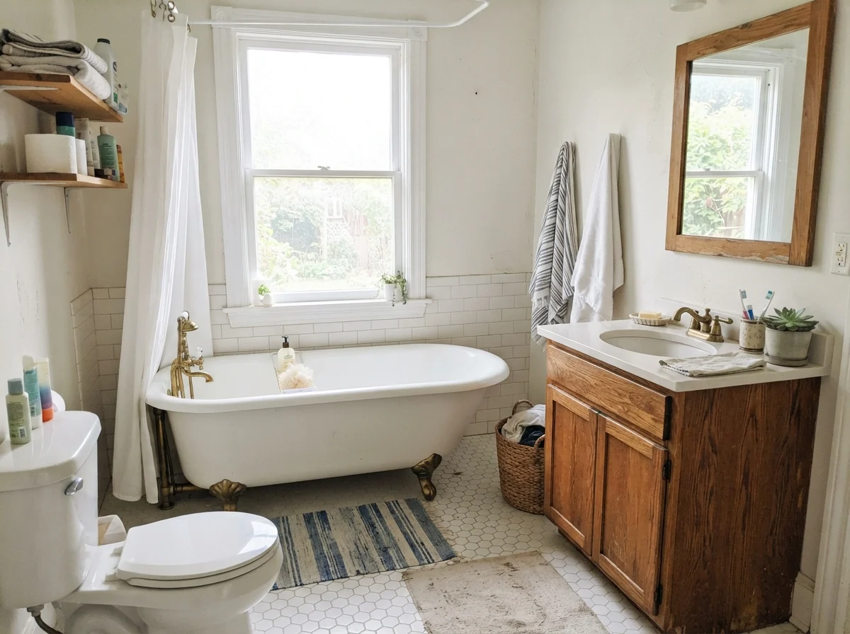 Cottage bathroom with white clawfoot tub, hex tile floor, and oak vanity.