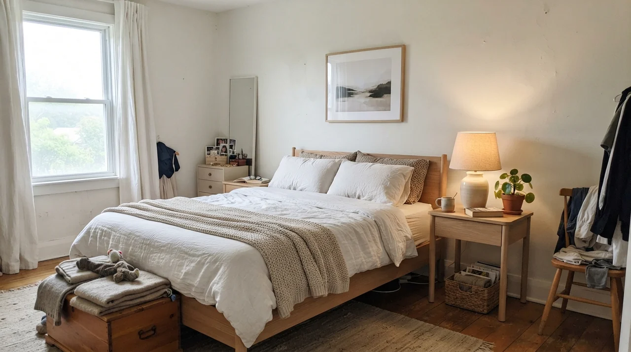 Main bedroom with painted walls, pale oak nightstands, and white linen bedding.