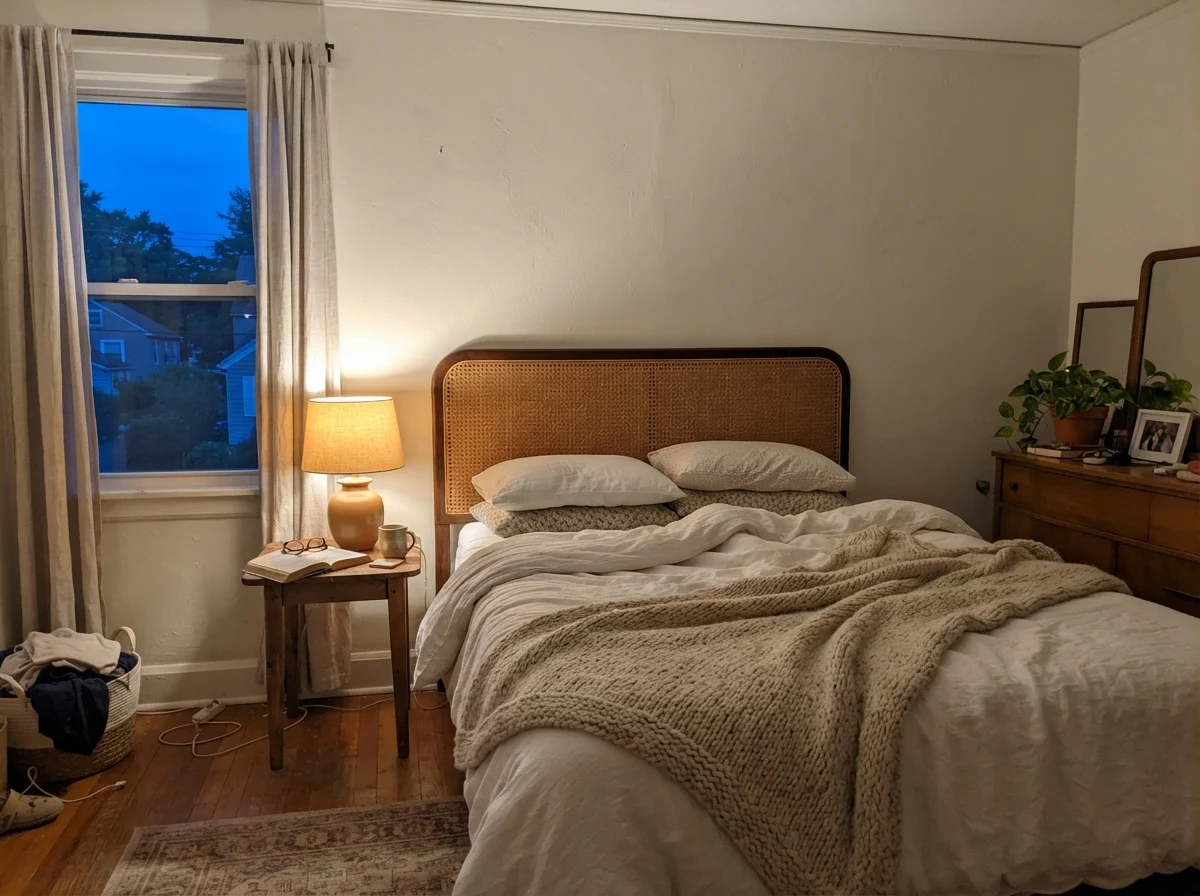 Bedroom wall illuminated by a warm bedside lamp with a rattan headboard.