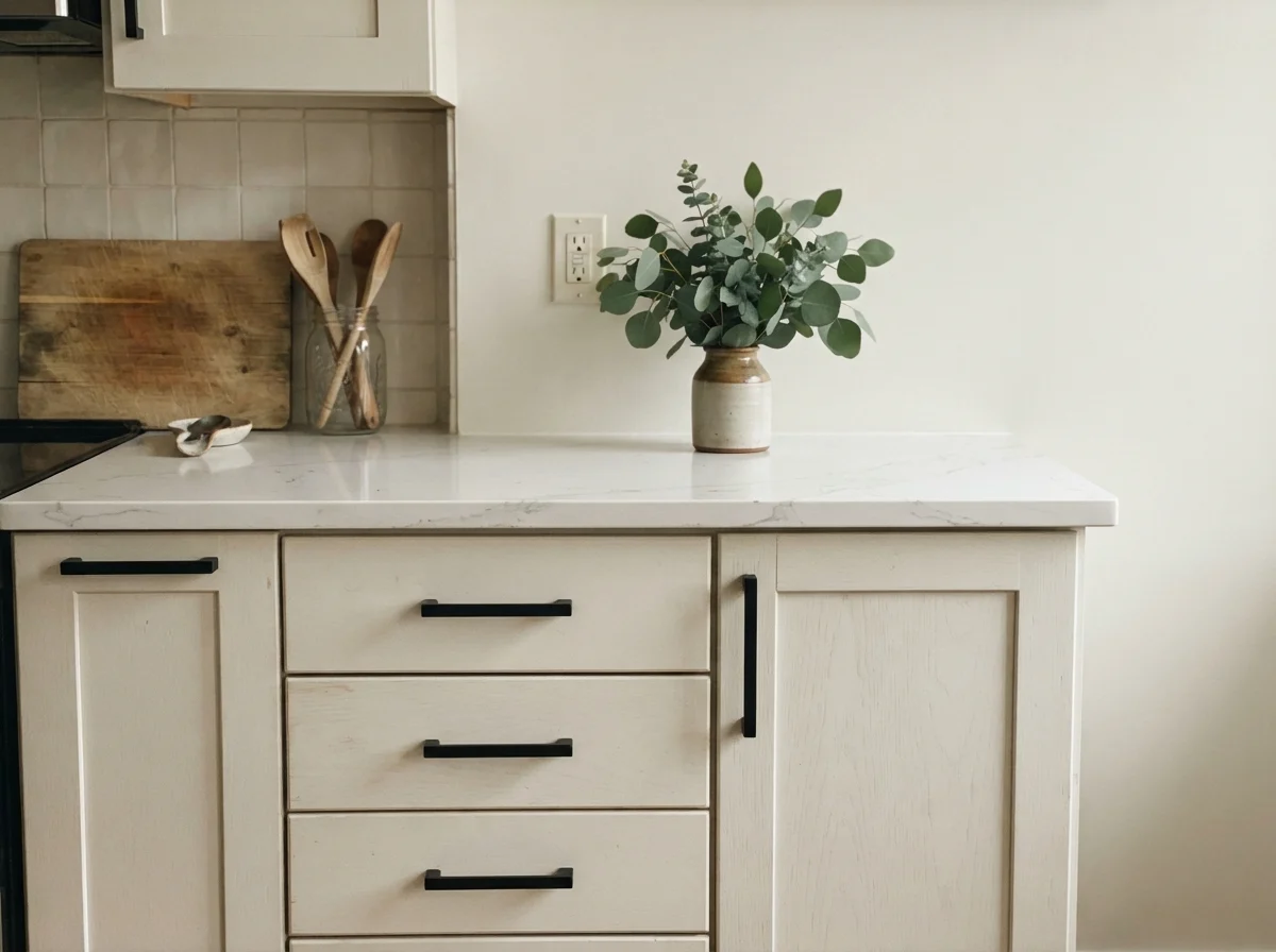 Close-up of shaker cabinet doors with matte black handles and quartz counter.