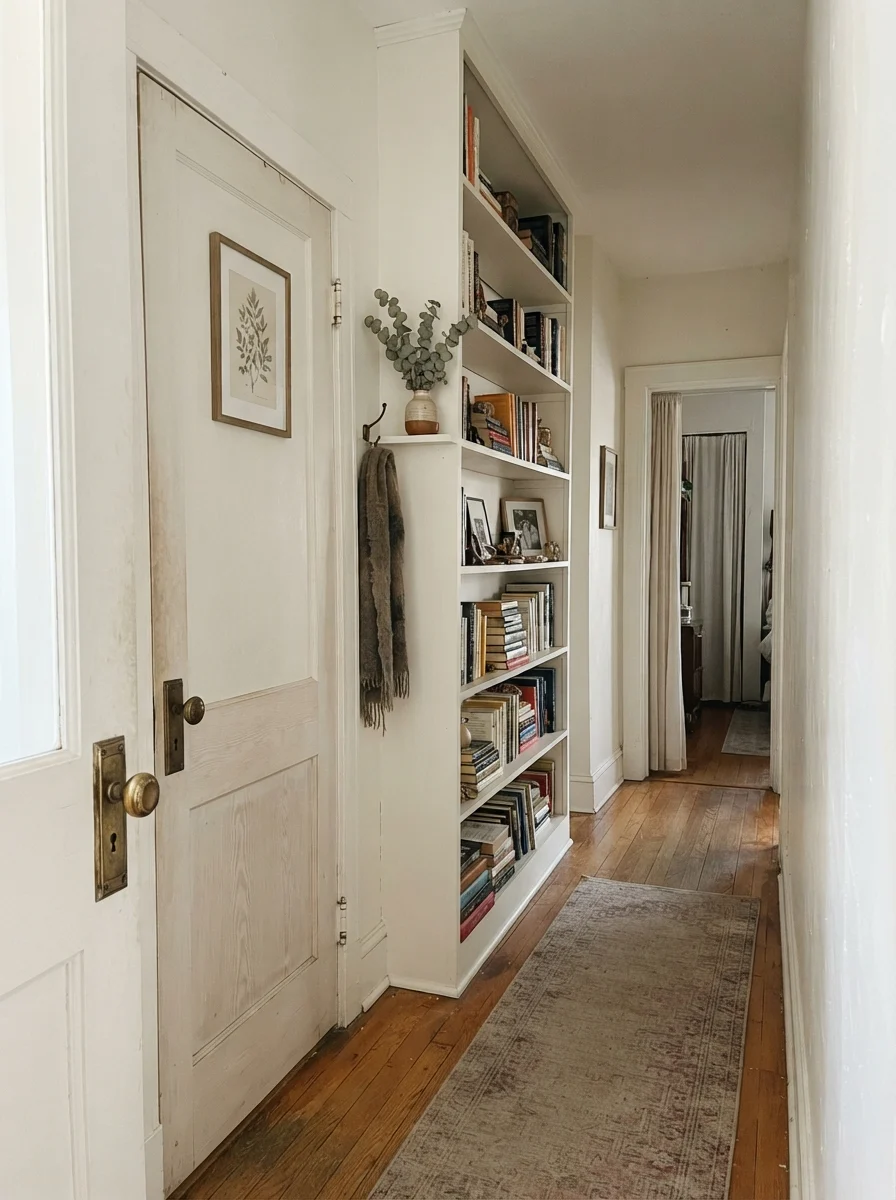 Two-panel door and built-in bookshelf painted warm white with brass doorknob.