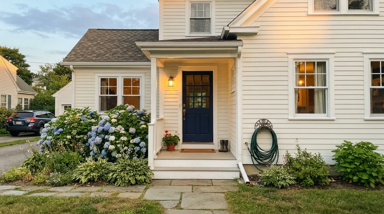 Exterior horizontal siding painted warm white with dark door and hydrangea bushes.