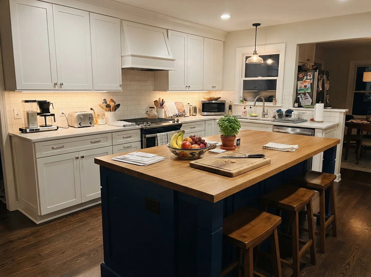 Kitchen island painted warm white surrounded by white cabinets and warm lighting.