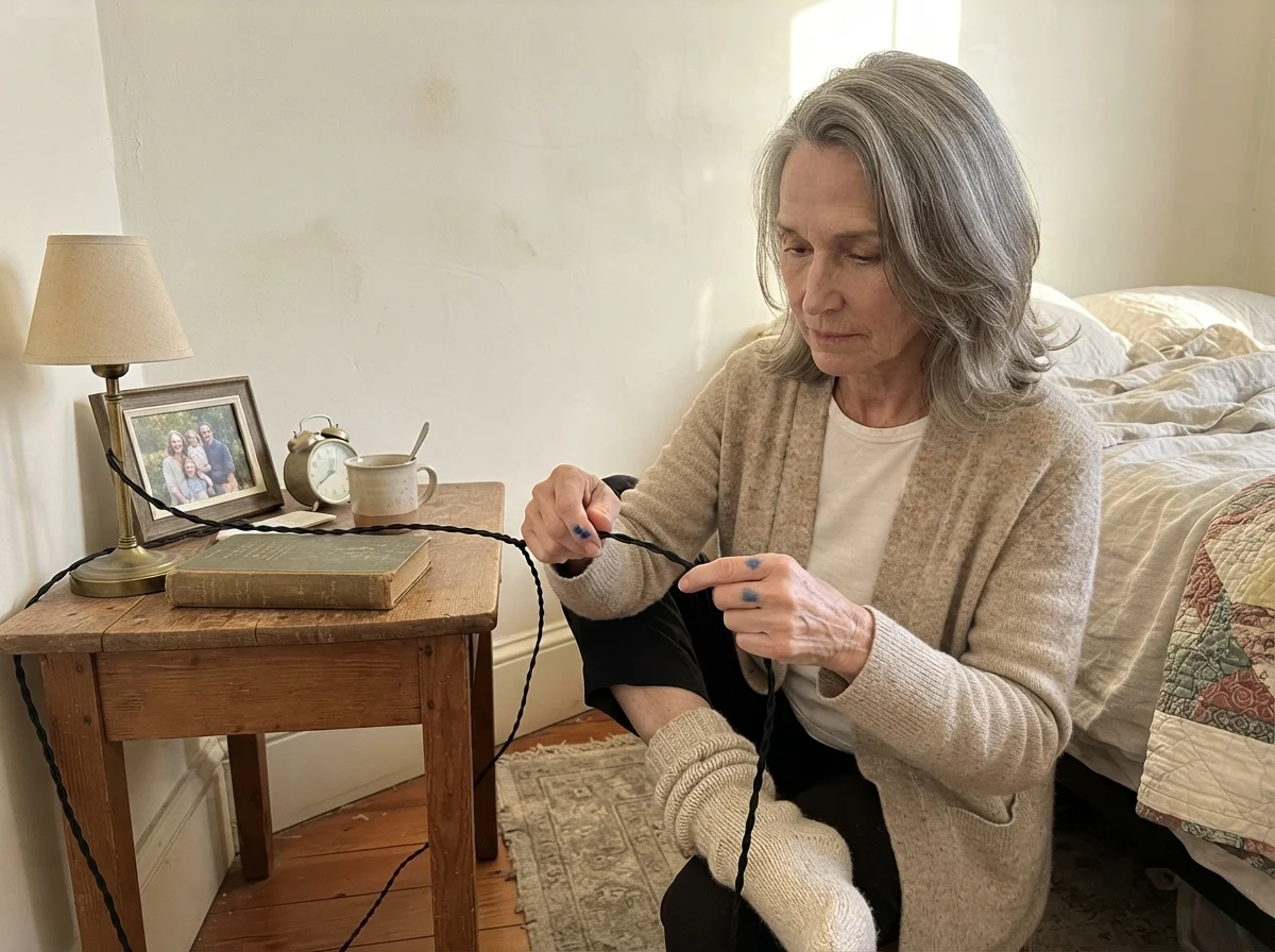 Susan untangling a lamp cord by a bedside table with warm Cloud White walls.