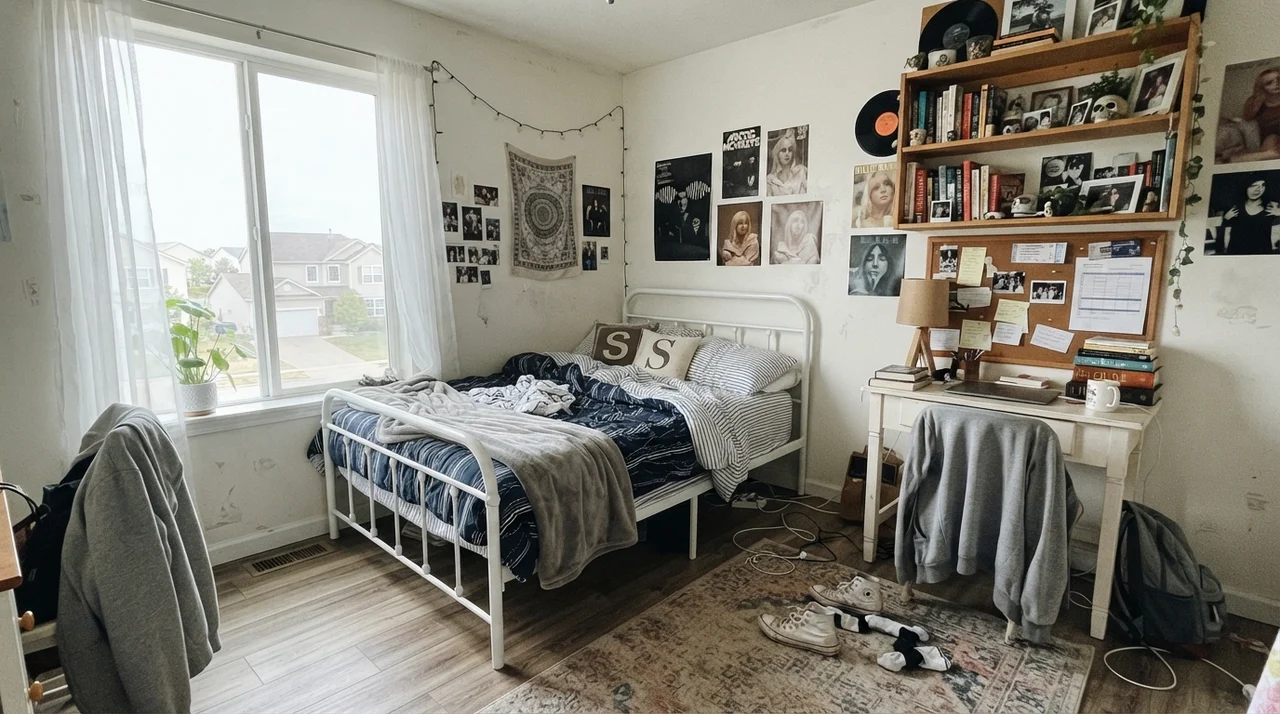 Teen bedroom with white metal bed frame, small desk, and bookshelves.