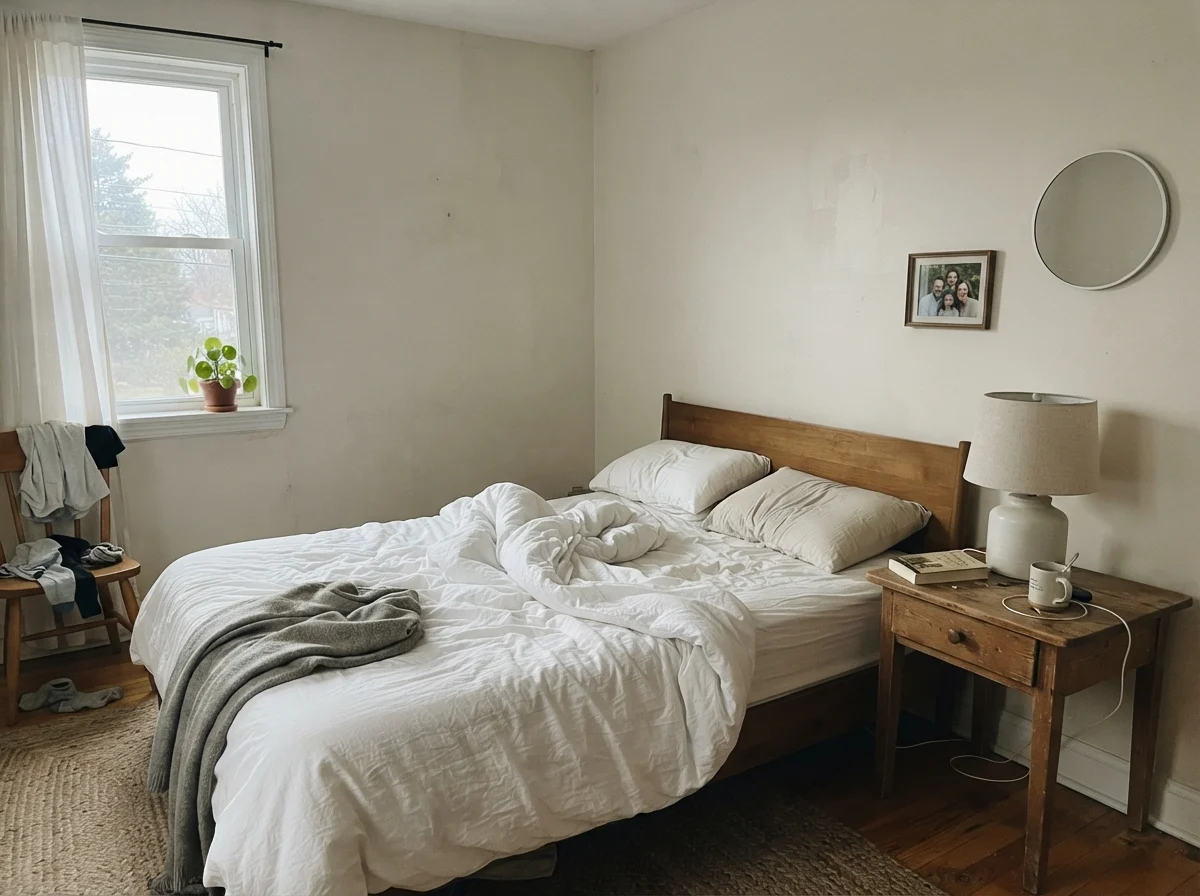 Bedroom with unmade white bedding and Creamy White walls looking washed out in early cool daylight.