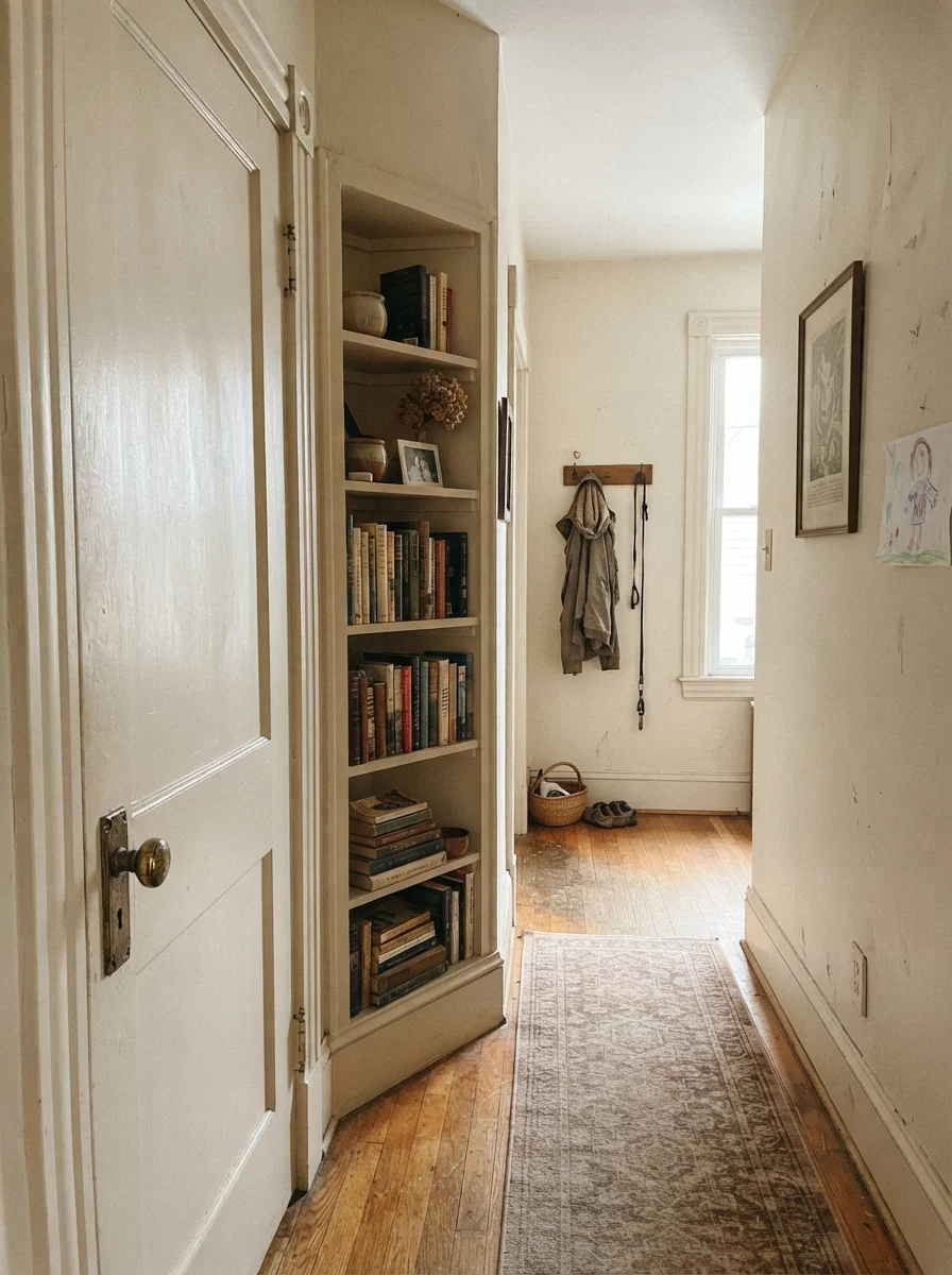 Hallway door and built-in bookshelf painted Creamy White with brass hardware.