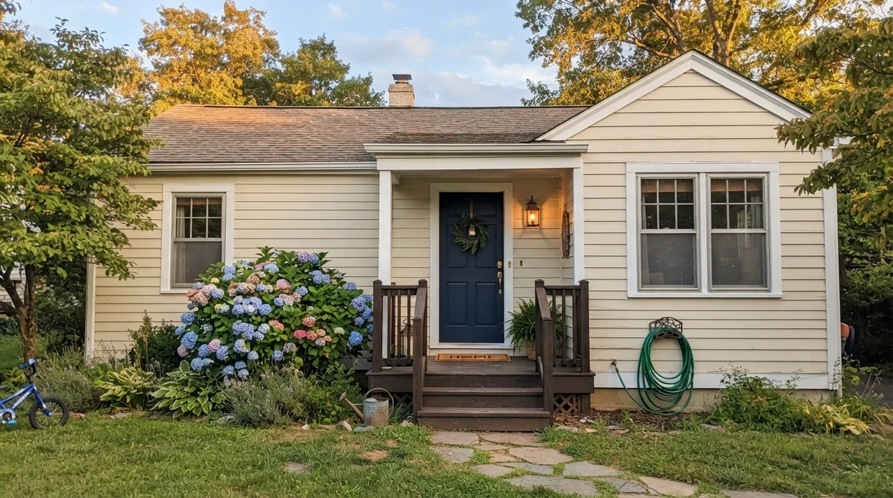 House exterior with horizontal siding painted Creamy White in evening golden light.