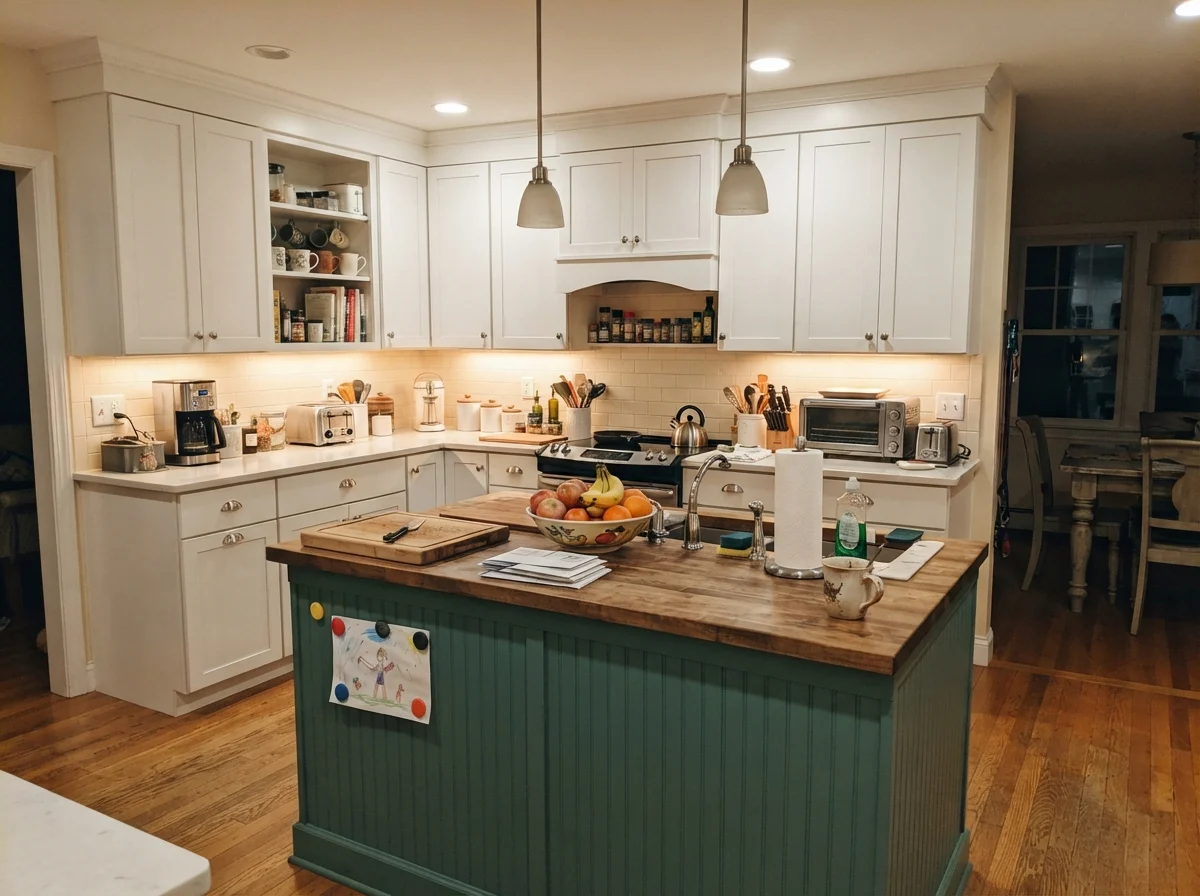 Kitchen island painted Creamy White under evening light with white surrounding cabinets.