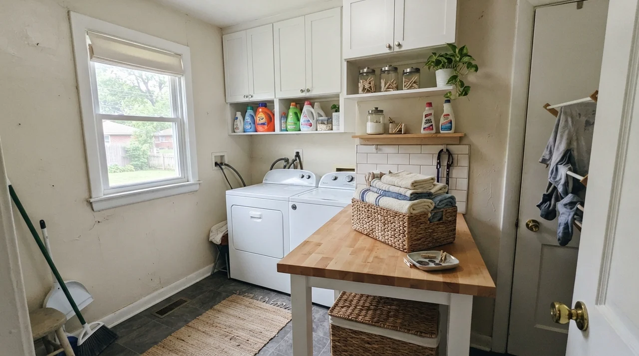 Bright laundry room with Creamy White walls and butcher-block counter.