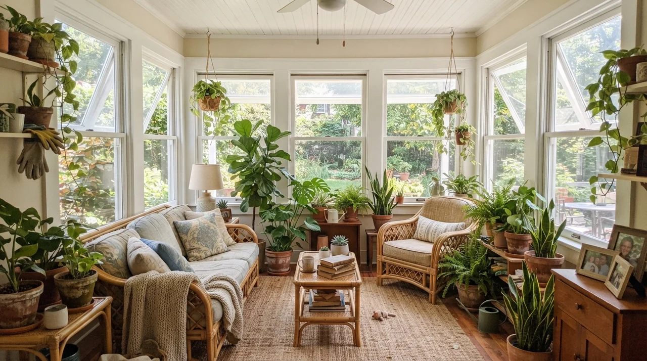 Sunroom with Creamy White walls framed by windows and potted greenery.