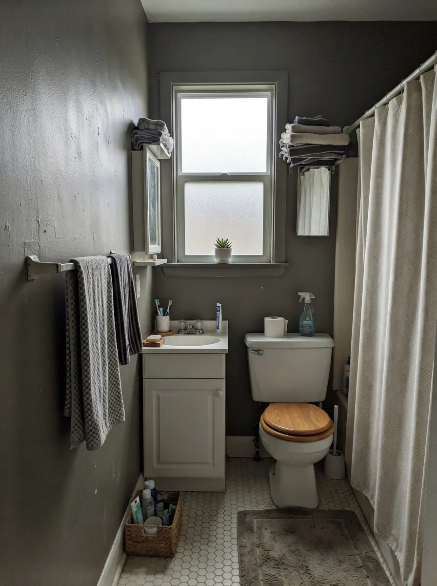 Small bathroom showing dark painted walls looking muted under overcast light