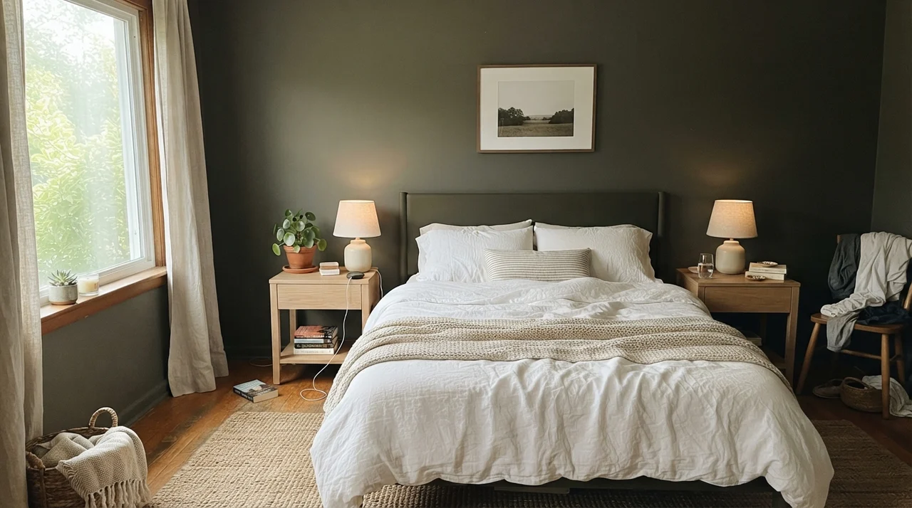 Main bedroom with dark olive walls, pale oak furniture, and white linen bedding