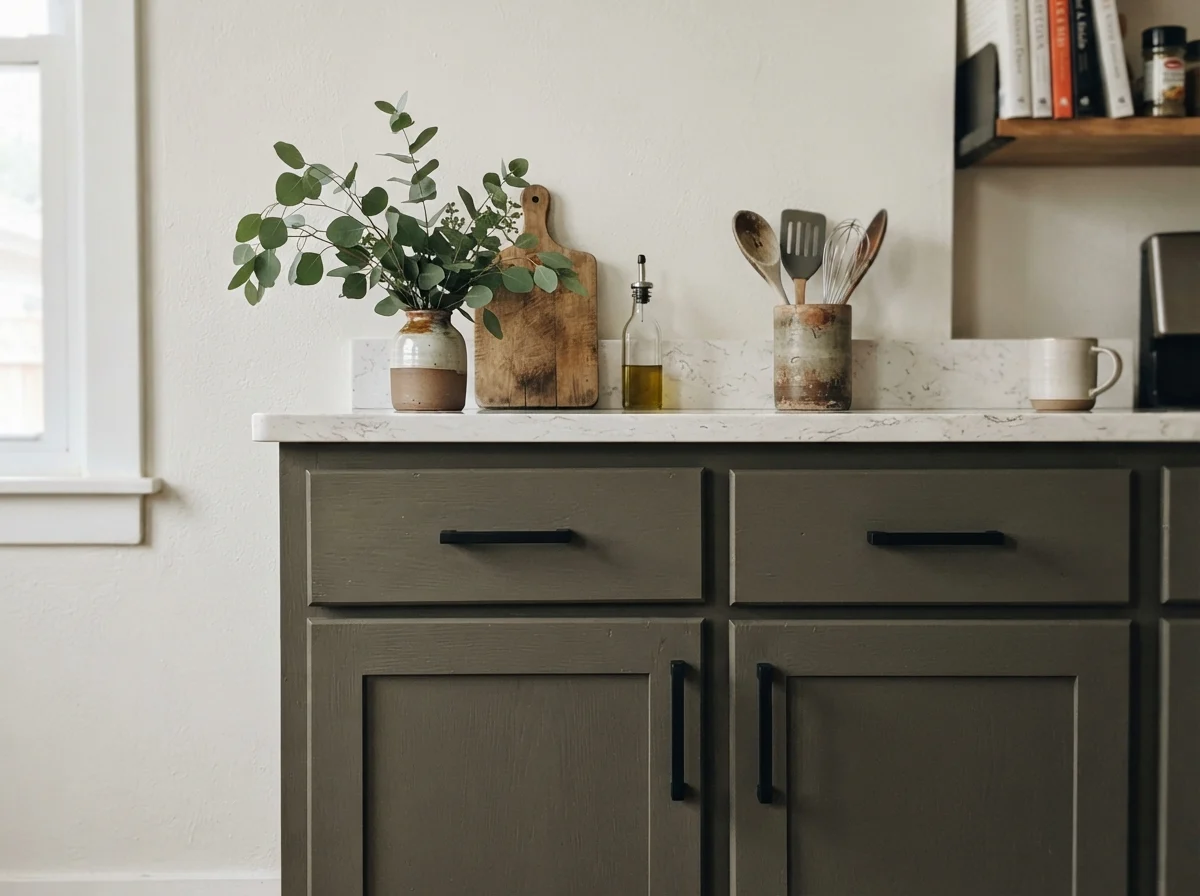 Close-up of dark olive shaker cabinets with matte black handles