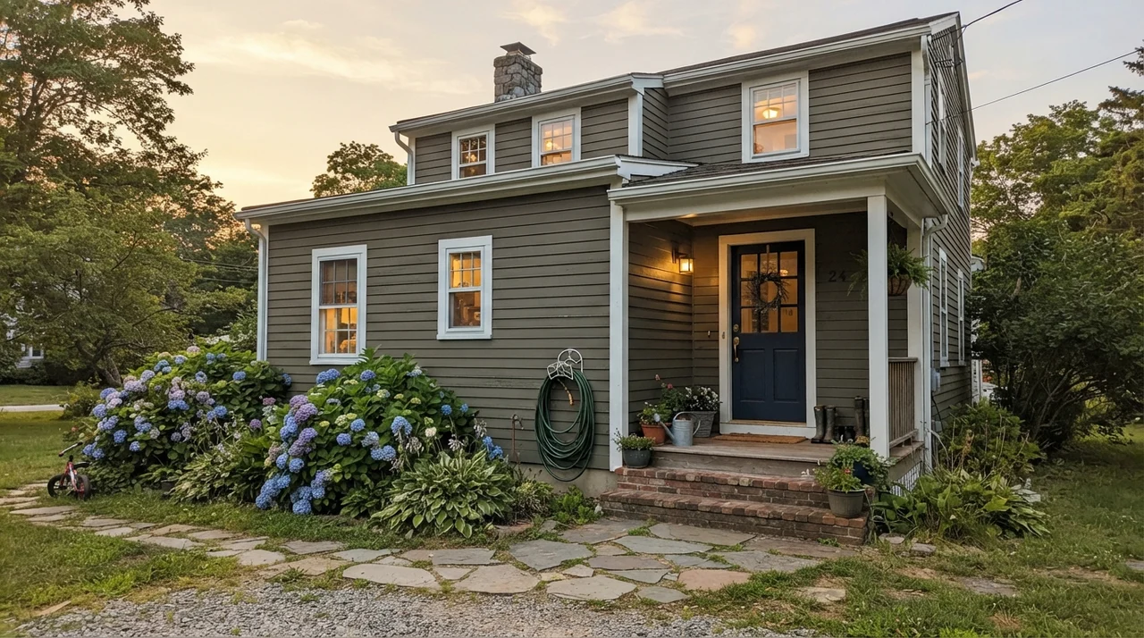 House exterior with horizontal siding painted dark olive and white trim