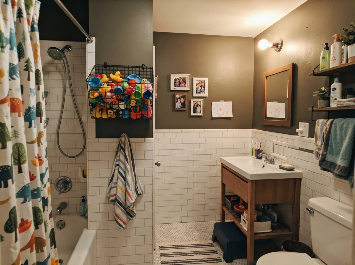 Kids bathroom with painted upper walls and white subway tile