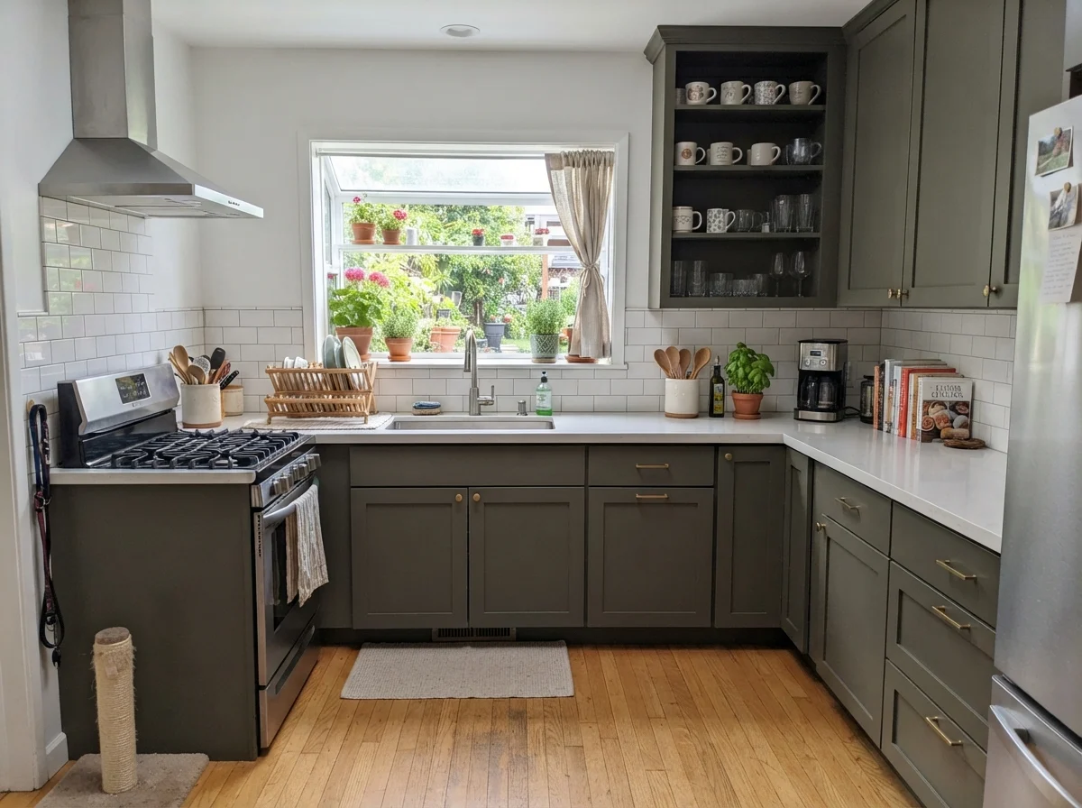Kitchen shaker cabinets painted dark olive with white counters and oak floors
