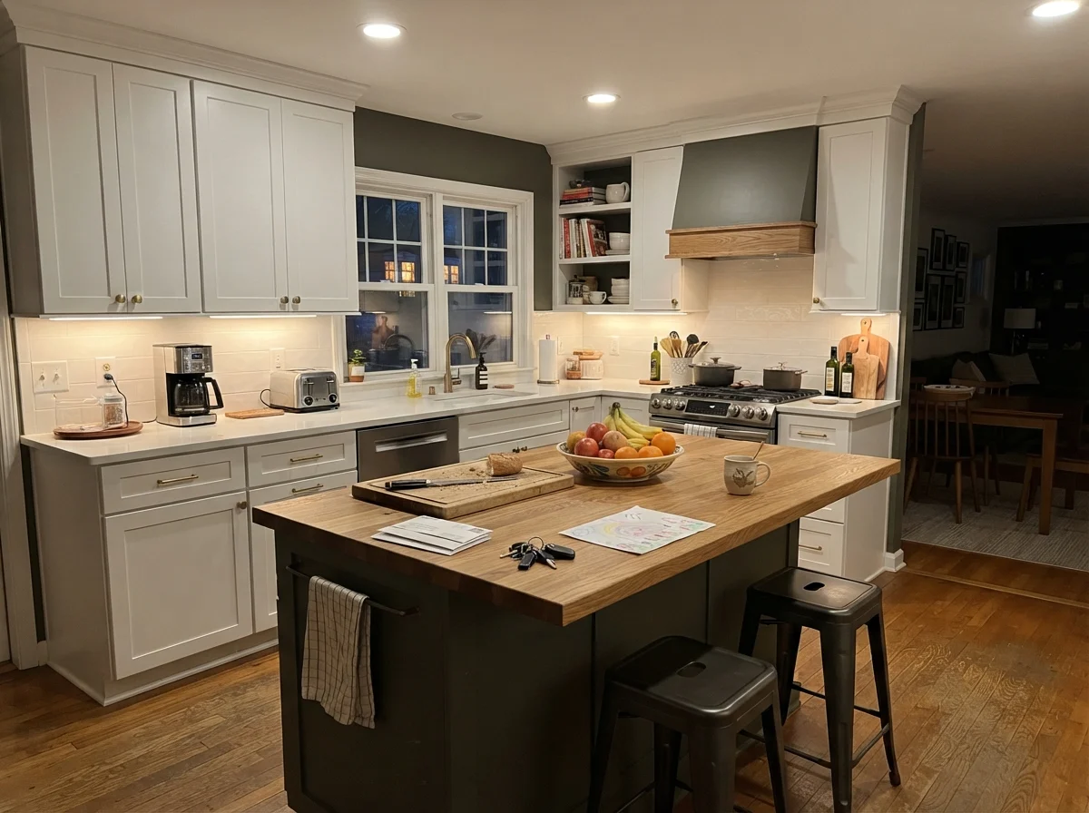 Kitchen island painted dark olive surrounded by white cabinets and everyday clutter