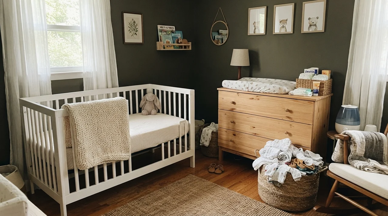 Nursery with dark olive walls, light wood dresser, and white crib