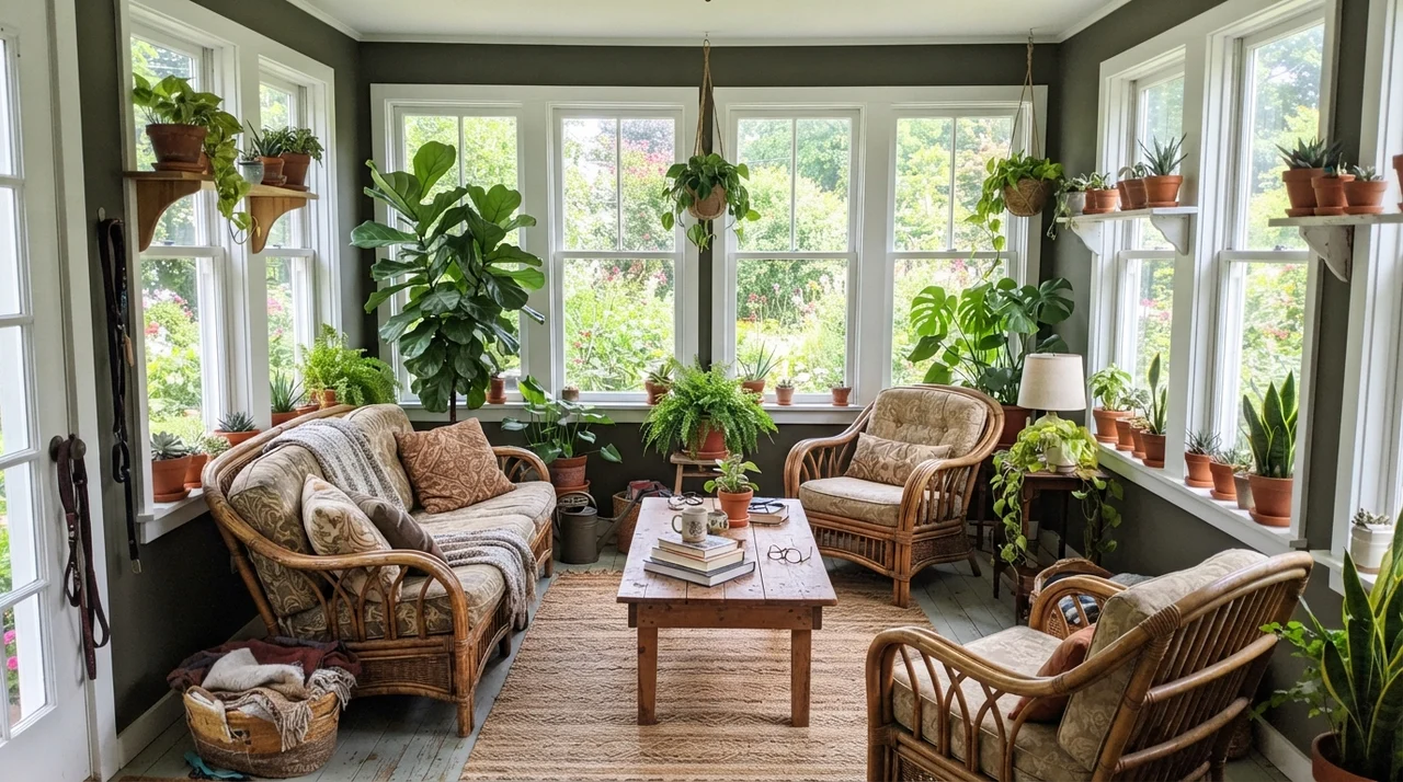 Sunroom with dark olive wall sections and abundant potted plants