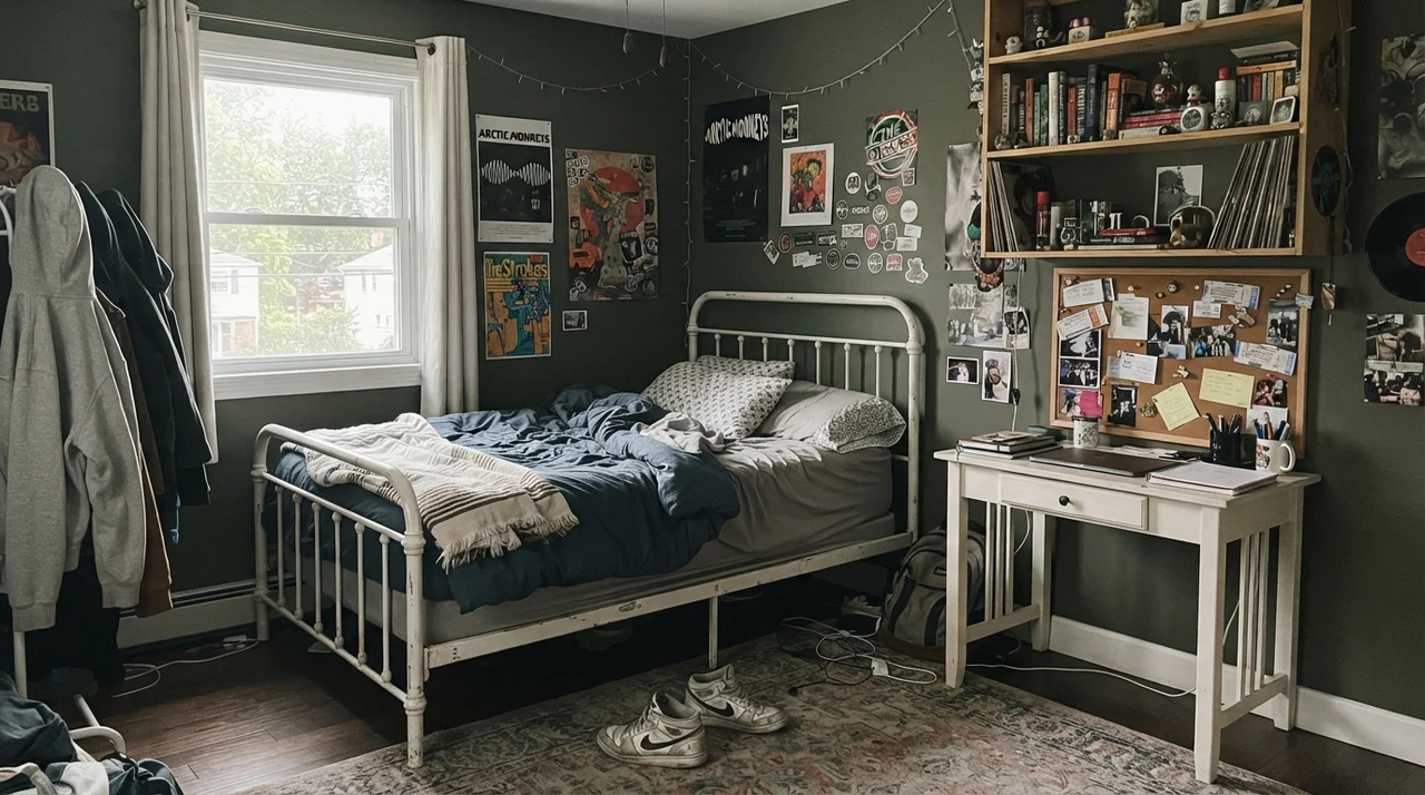 Teenager bedroom with dark painted walls and white metal bed