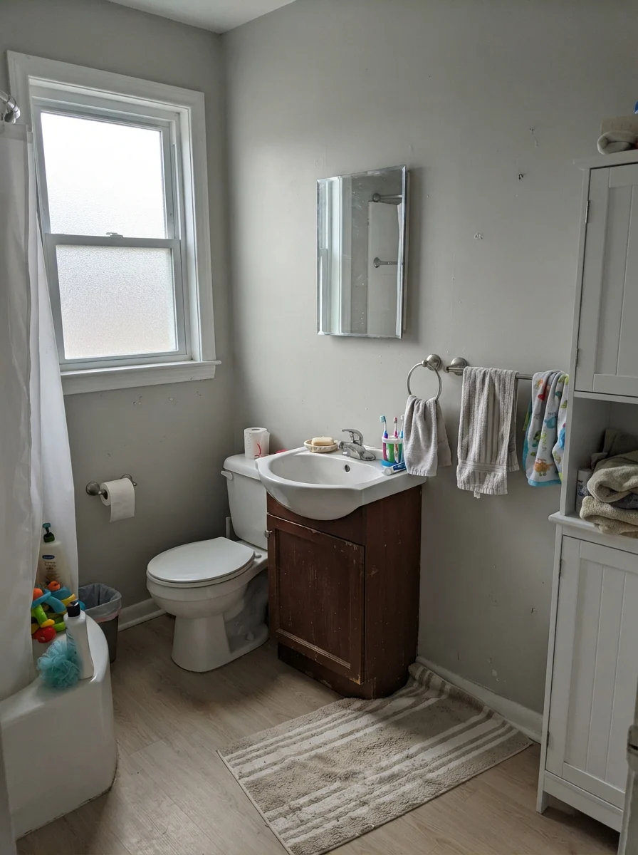 Small bathroom with Gray Owl walls looking muted in flat daylight.