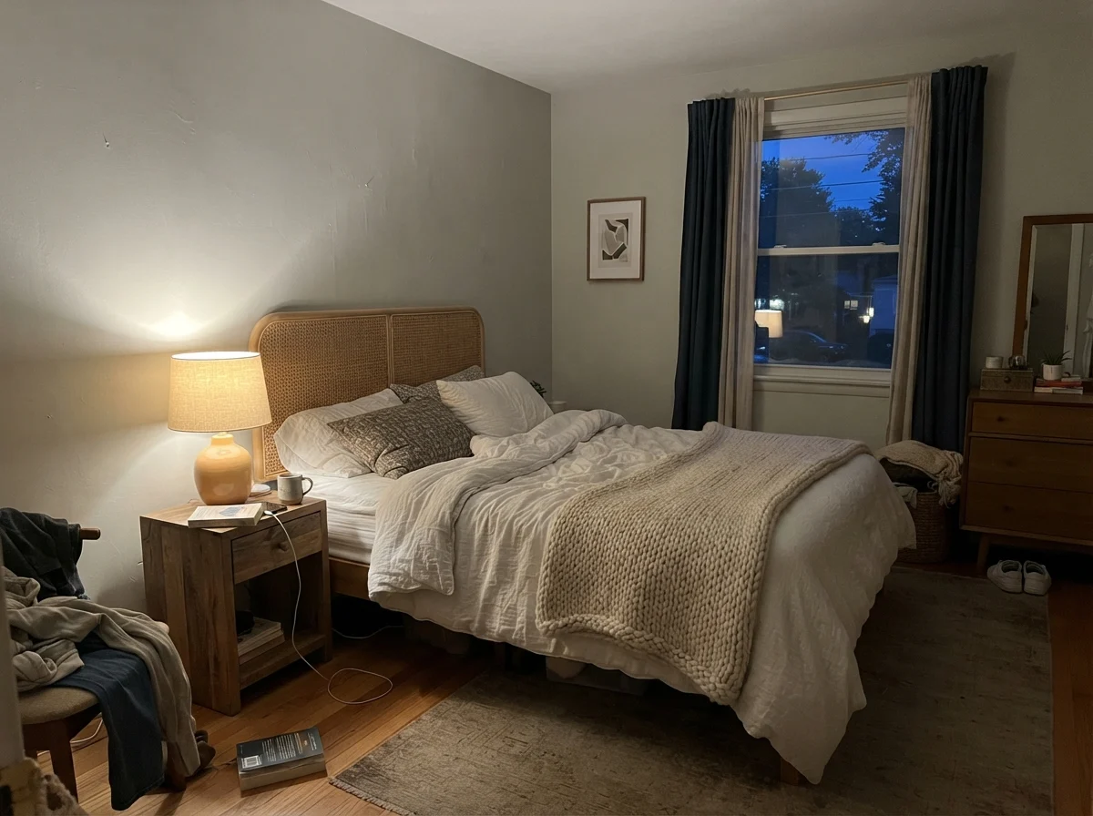 Bedroom at dusk with Gray Owl walls illuminated by a warm table lamp next to a cane headboard.