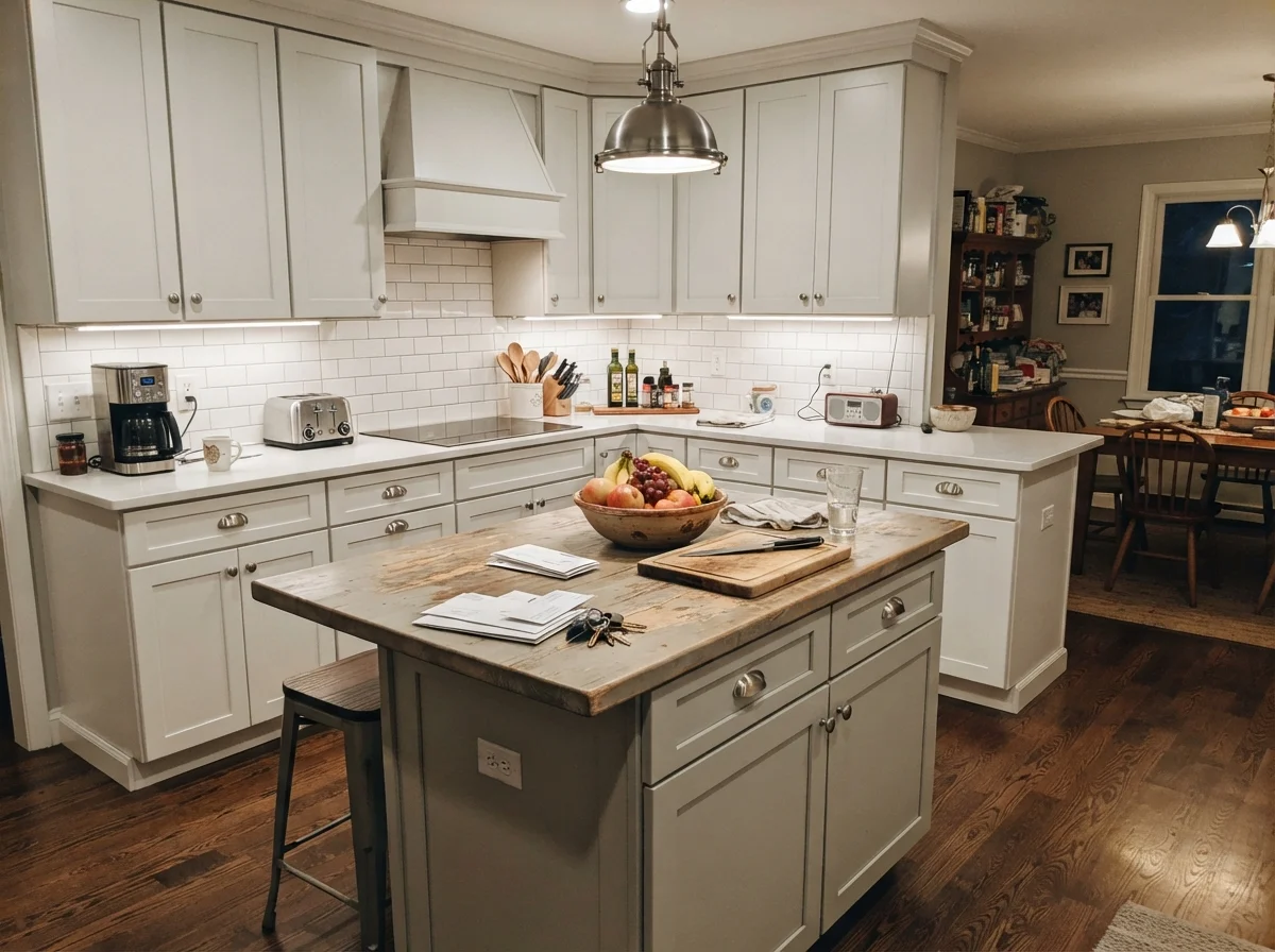 Kitchen island painted Gray Owl with surrounding white cabinets and warm lighting.