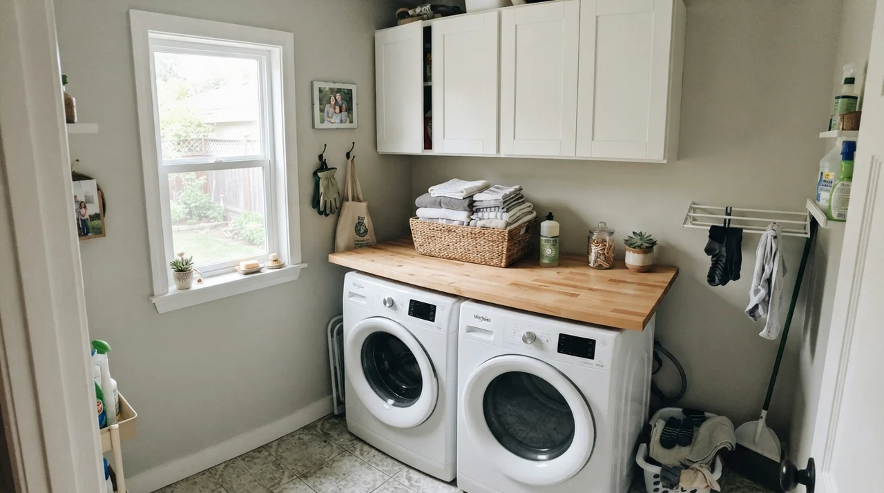 Bright laundry room with Gray Owl walls, butcher block counter, and white washer dryer.