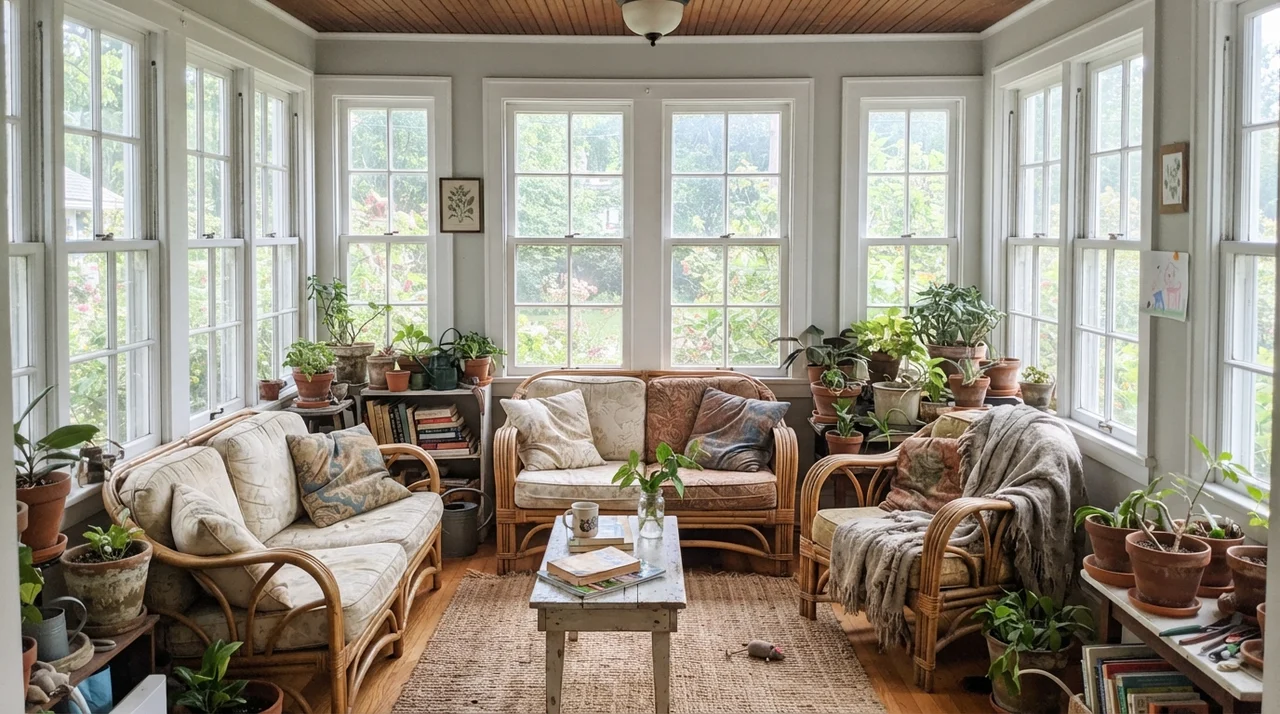 Sunroom with Gray Owl walls, rattan furniture, and plants.