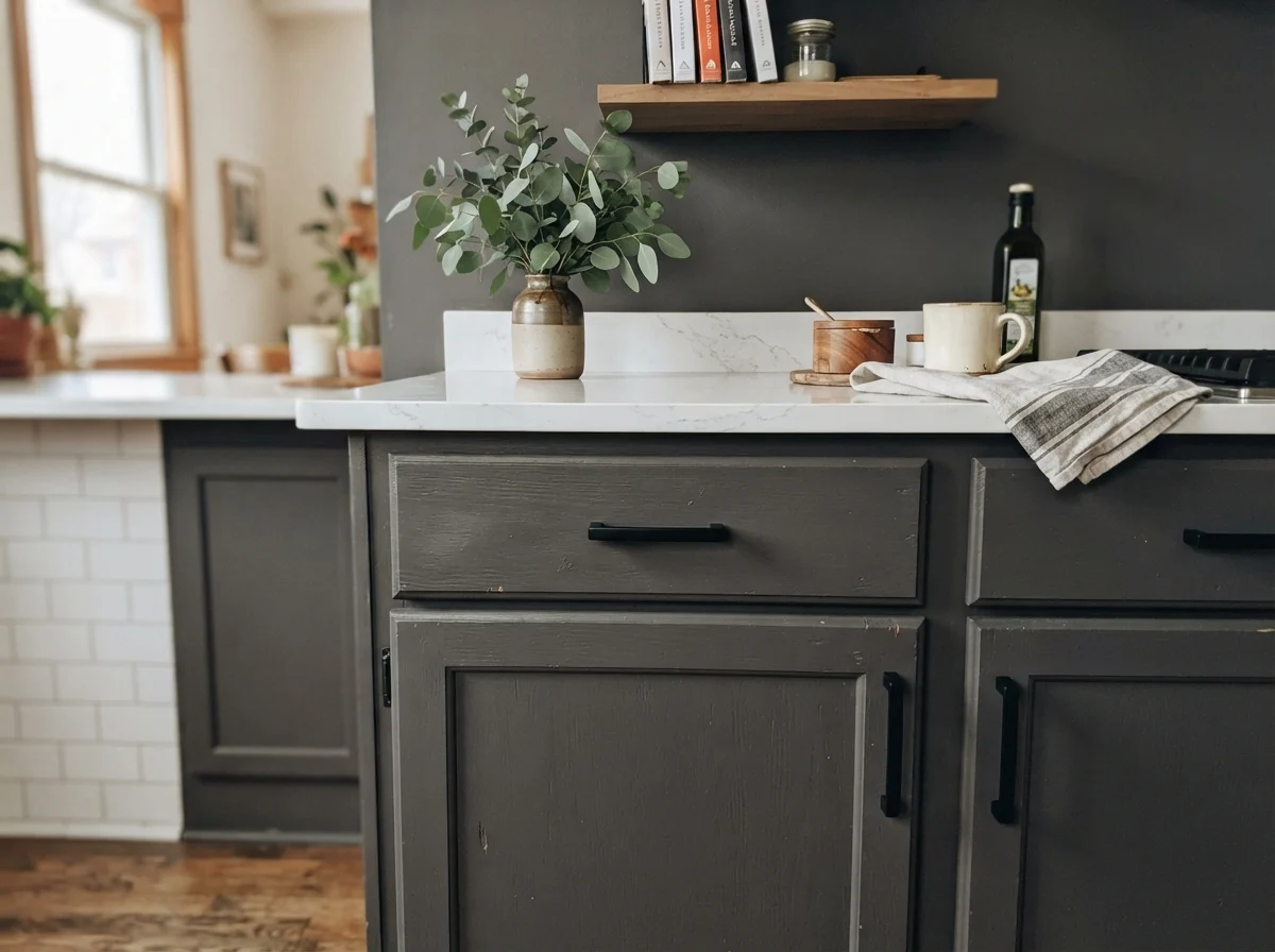Close-up of Iron Mountain shaker cabinets with black handles and quartz counter.