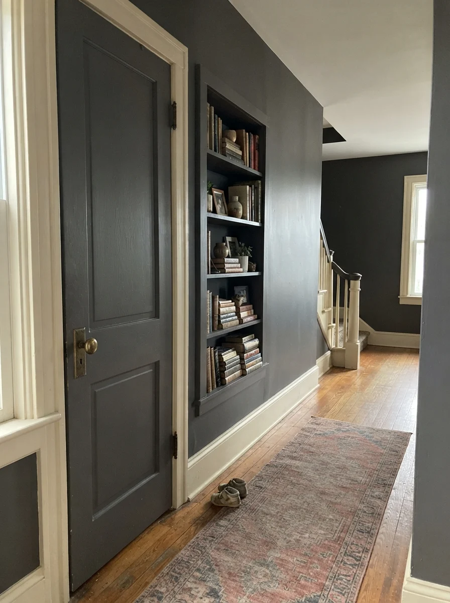 Interior two-panel door and bookshelf painted Iron Mountain against cream walls.