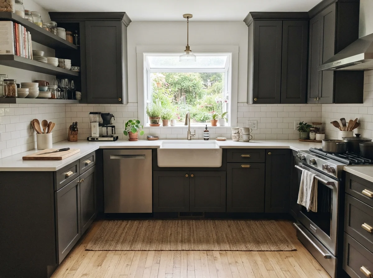 Kitchen shaker cabinets painted in Iron Mountain with white backsplash and counters.